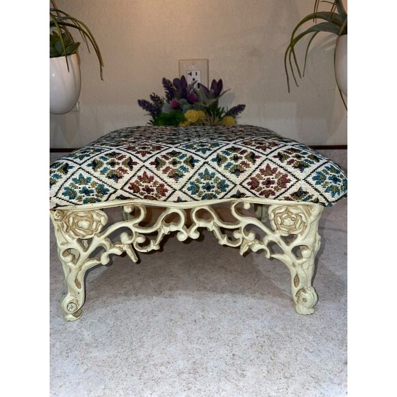 Vintage Ornate Needlepoint Footstool With Floral Pattern & Intricate Carved Meta - Picture 4 of 5